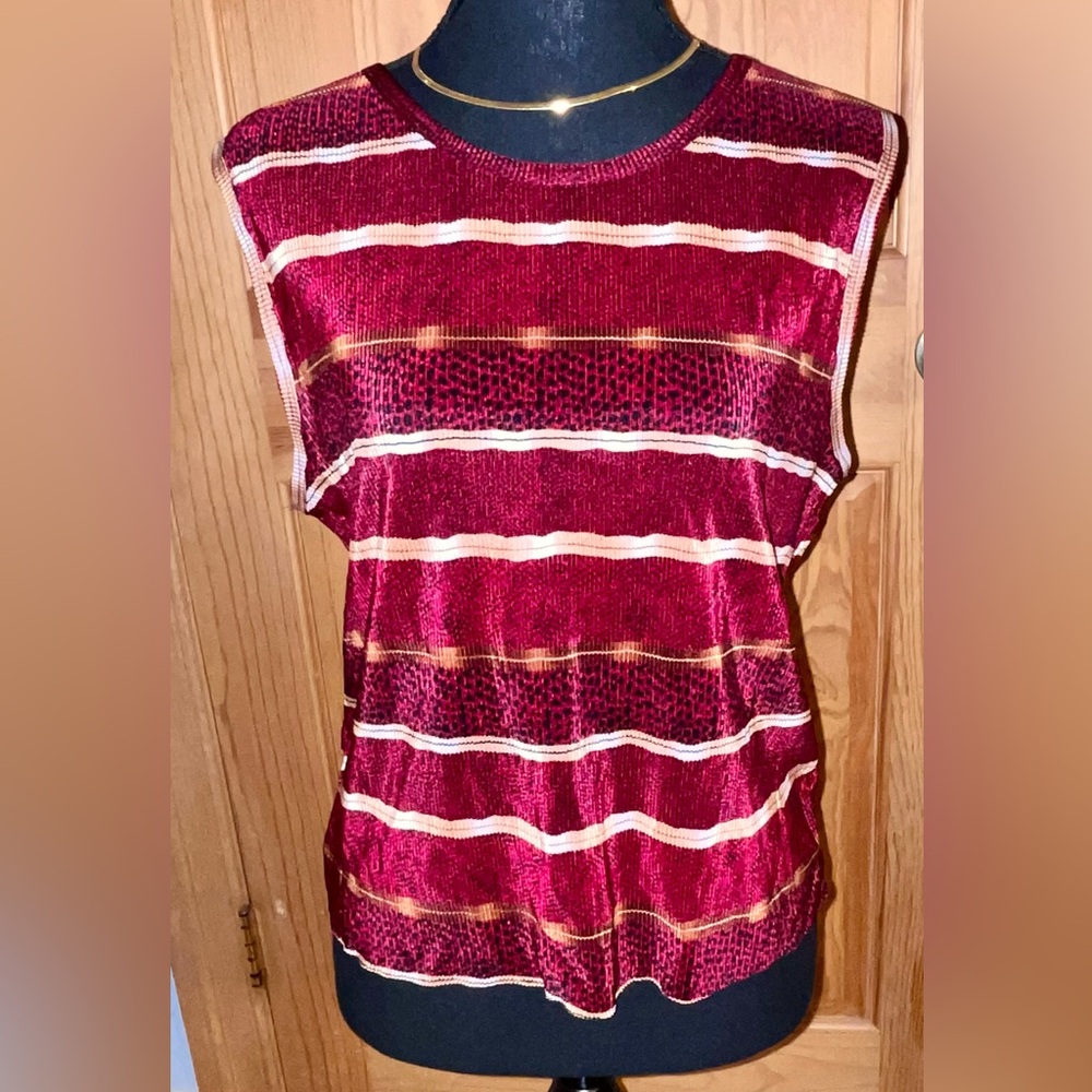 Tess Striped Slinky Knit Tank Top XL Burgundy Textured Shiny VTG 90s Whimsigoth